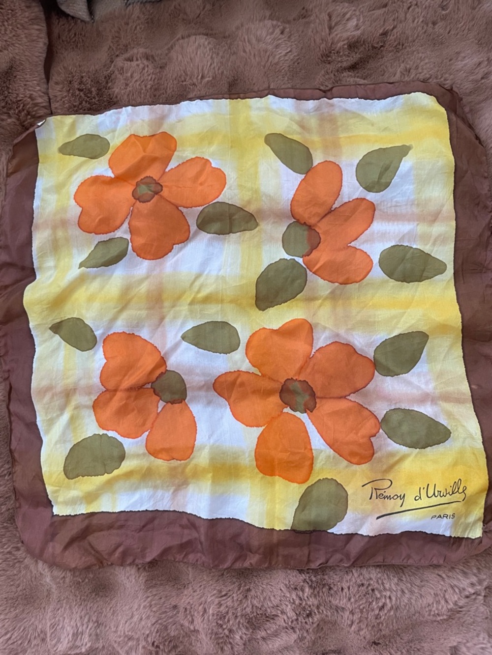 Remoy d’Urwille Paris Hand Painted Silk Scarf Brown/Orange/Yellow/Olive  20x20”